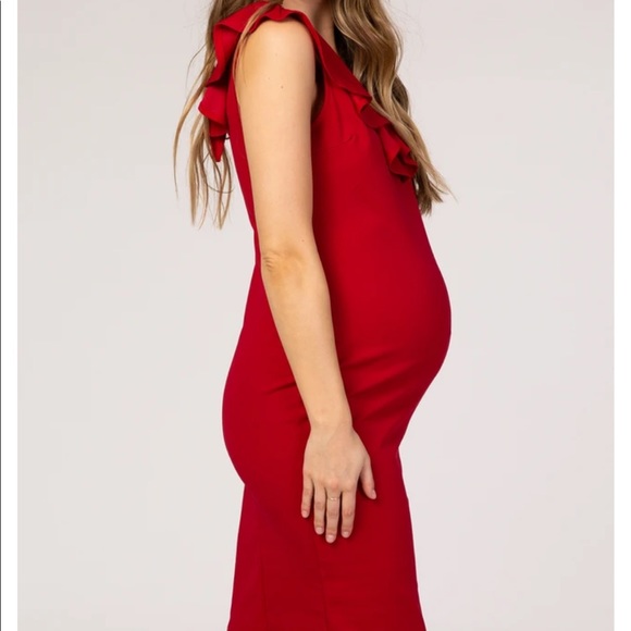 Red Solid Ruffle Neck Dress - Picture 3 of 6